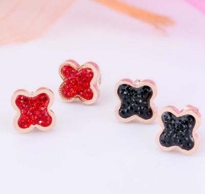 China 4 Leave Clover Stud Earrings for Girs Stainless Steel Inlaid Red Crystal Earrings Fashion Jewelry for sale