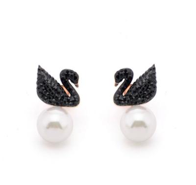 China Elegant Pearl Drop Earrings for Women Jewelry, Black Diamond Swan Stud Design Earring for Women for sale