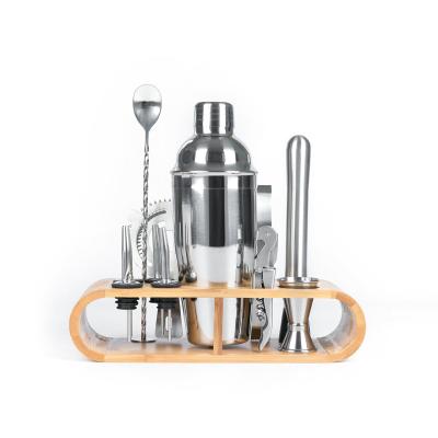 China Bar Stand Home Bar Tools 12 Piece 304 Stainless Steel Cocktail Shaker Set Bar Cocktail Tools With Bamboo Oval Base for sale