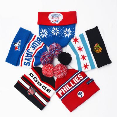 China OEM COMMON Logo Jacquard Winter Hat Custom Made With Acrylic Knitted Beanie Hat Pompom for sale