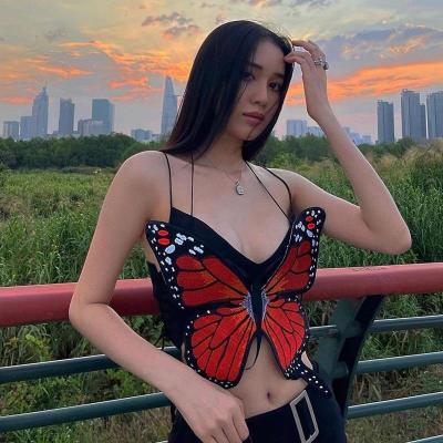 China Cute Holiday Sweet Fairy Blue Red Sexy Mini Vest Y2K Camis Women Beach Beach Tee Butterfly Embroidery Backless Strap Crop Top QUICK DRY for sale