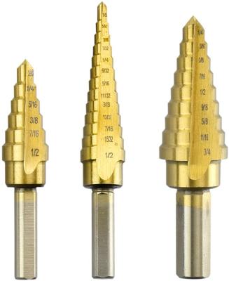 China Titanium Metal Drilling Step Drill Bit Set , High Speed Steel 3-Piece Set 4-12.4-20.4-32mm for sale