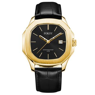 China High Quality Water Resistant Gold Plated Genuine Stainless Steel Wrist Fashion Leather Strap Men Luxury Square Quartz Watch for sale