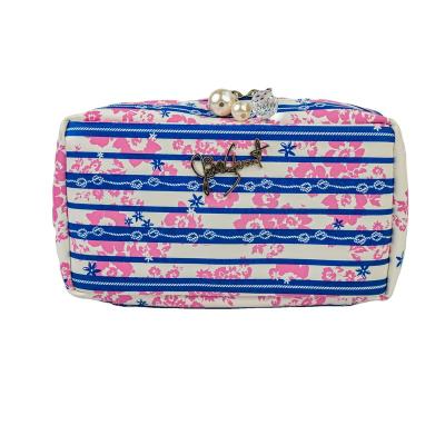 China High Quality Custom Japan Style Flower Print Blue Striped PU Leather Cute Makeup Bag Travel Cosmetic Bag for sale