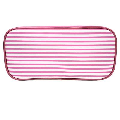 China Lady Factory Direct Whole Sale Custom White Pink Striped PU Leather Cosmetic Bag Travel Makeup Bag for sale