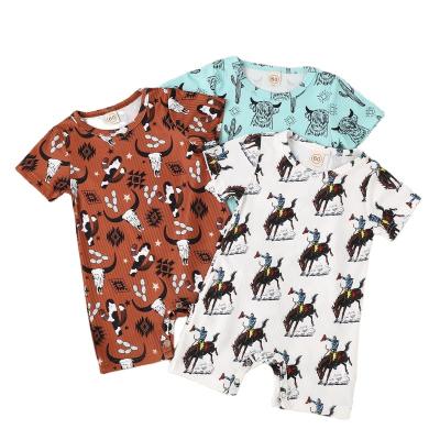 China Spandex/Polyester Customized Cowboy Print Summer Newborn Short Baby Overalls Boutique Kids Clothes Toddler Girl Dress Up Costume for sale
