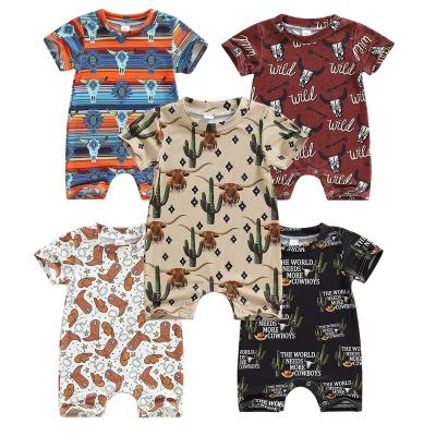 China Spandex/Polyester Summer Newborn Baby Clothes Cowboy Print Wholesale Ribbed Short Sleeve Infant Toddler One Piece Jumpsuit for sale