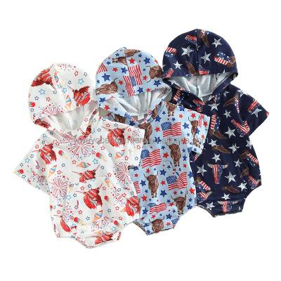 China Spandex/Polyester Boutique Baby Jumpsuits For Newborns Milk Cowboy Print Summer Short Sleeve Kids Boys Girls Hoodie Silk Rompers for sale