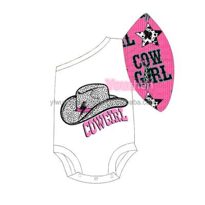 China Custom Spandex/Polyester Cowgirl Print One Shoulder Toddlers Bell Sleeve Leos Boutique Children Clothes Kids Baby Ruffle Jumpsuit for sale