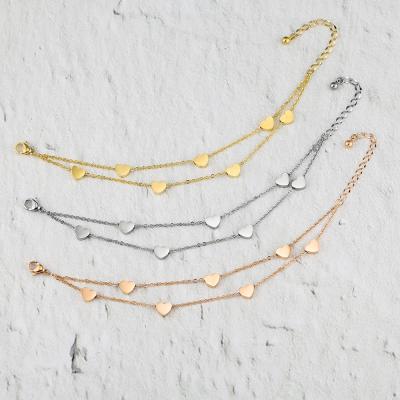 China Top Selling Cute Stainless Steel Love Chain Double Layer Heart Charm Bracelet for sale