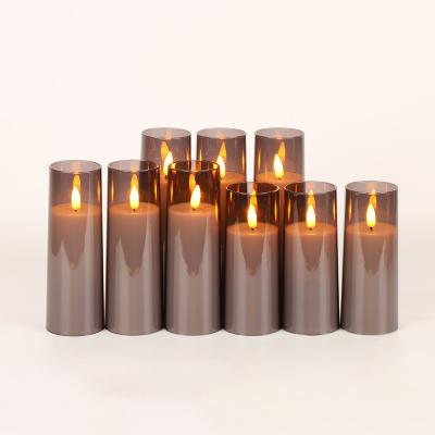 China Durable acrylic cup 2.2in Grey Flameless Flickering New 3D Wick Acrylic LED Plastic Pillar Candle with LED Remote Control and Timer for sale