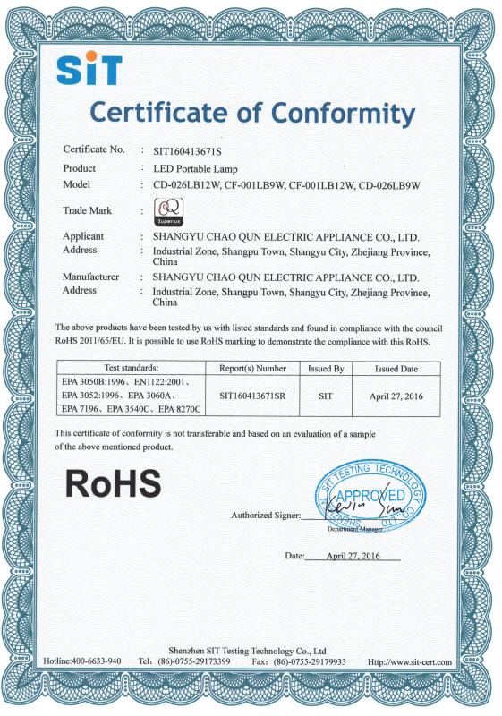 RoHS - Shaoxing Shangyu Chaoqun Electric Appliance Co., Ltd.