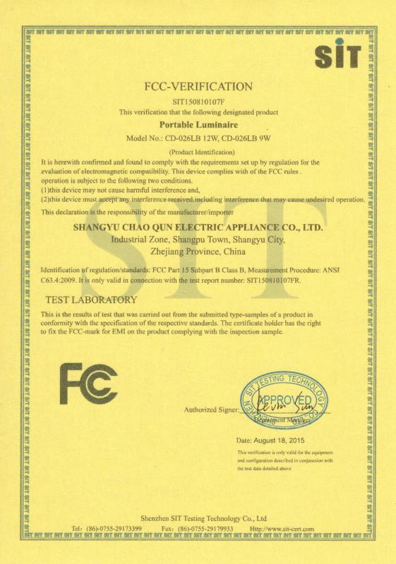 FCC - Shaoxing Shangyu Chaoqun Electric Appliance Co., Ltd.