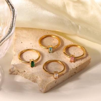 China Trendy Hot Selling Zircon Jewelry Rectangle Ring 18k Gold Plating Stainless Steel Wedding Engagement Rings Female Party Gift for sale