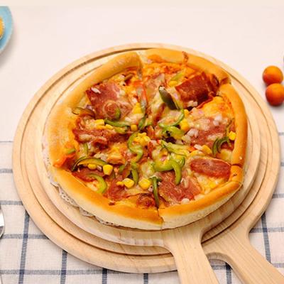 China Multifunctional Customized Viable Size Food Serving Tray Solid Wood Pizza Tray Around Pizza Tray With Handle for sale