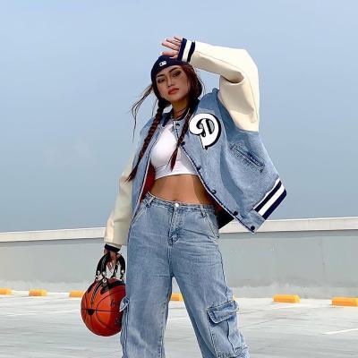 China Letter Embroidery Breathable Lagerfe Long Sleeve Denim Jacket Patchwork Pocket Loose Oversize Streetwear 2021 Women Autumn Winter Clothing for sale