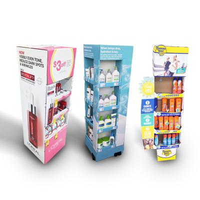 China Customized promotion cardboard paper floor stand pallet side kick display stand for skin care body care display units for shops for sale