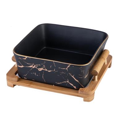 China Disposable Northern European Ceramic Snack Bowl Marble Pattern Black Square Fruit Salad Bowl With Wooden Stand Tableware Fruit Snack Dish for sale