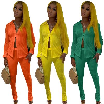 China Newcomers Z1169 2022 Breathable Long Sleeve Two Piece Clothes Solid Pit Stripes Shirts Pants Set Women 2 Piece Set for sale
