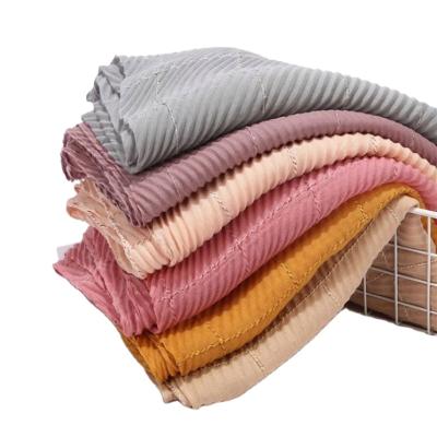 China New TR Cotton muslim scarves pleated cotton and hemp scarf for ladies monochrome pleat hijab shawl for sale