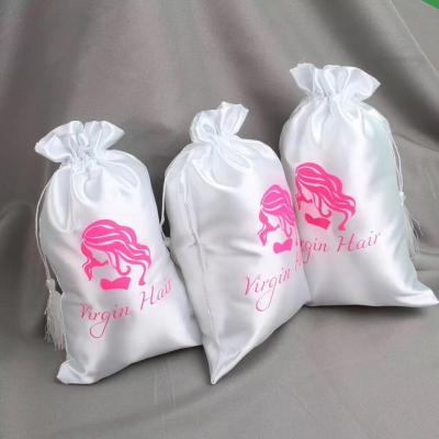 China Barcode Logo Design Beautiful Custom Satin Hair Extension Packaging Bags Label Tags Silky Satin Bags for sale