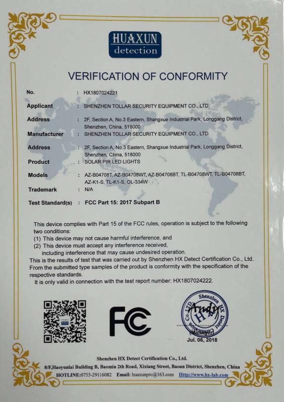 FCC - Shenzhen Tollar Security Equipment Co., Ltd.