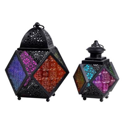 Китай Moroccan Vintage Metal Candle Lantern with Colored Glass Antique for Indoor and Outdoor Garden Decor продается