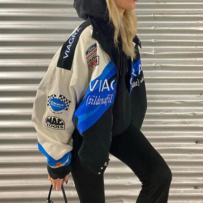 China Breathable Baseball Jacket Sporty Blue Printed Casual Loose Long Sleeve Anorak Jacket Letterman for sale