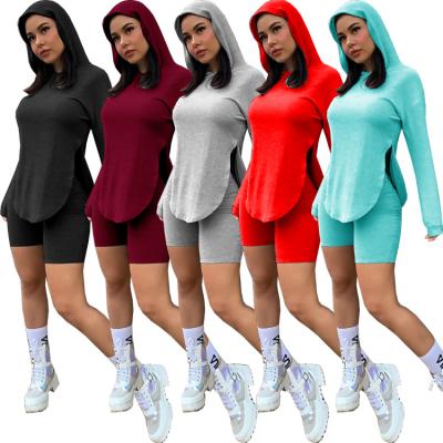 China Soild QUICK DRY short set color long sleeves split tracksuit running hoodie top fitness women 2 piece set for sale