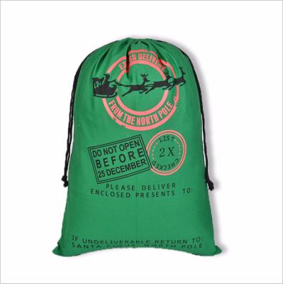 China Wholesale Lightweight Ready To Ship 100% Cotton Large Capacity Dyed Drawstring Christmas Gift Bag Green Santa&deer Pure Printing for sale