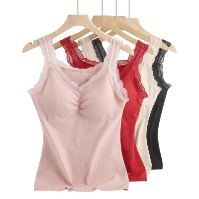 China QUICK DRY Wide Thermal Bare Feeling Support Velvet Underwear Belt Shoulder Lace Vest Tops With Breast Pad Women for sale