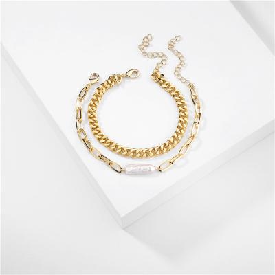 China Cute Bohemian Irregular Natural Pearl Chain Women Gold Bracelet Jewelry Friends Gift Simple Bangle Set for sale