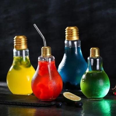 China Creative Personality Transparent 250ml/300ml/400ml/500ml Bulb Shaped Glass Bottle Juice Cup Portable Fruit Drink Glass Bottles for sale