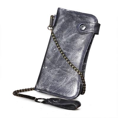 China New Fashion Retro Man Waterproof Leather Chain Purse Multi-card Pocket Large Capacity Zipper Cowhide Wallet for sale