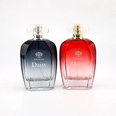 China Wholesale Hot Recyclable 100ml Glass Perfume Bottle With High Grade Red Crimp Color Spray Gradient Cap Sylin Glass Perfume Bottle for sale