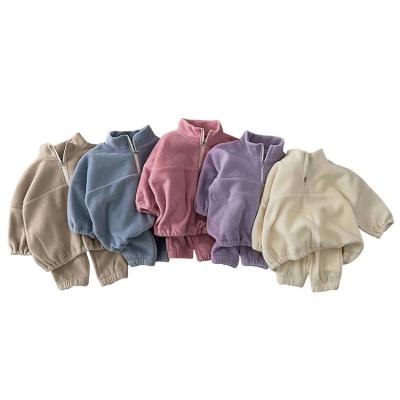 China High Quality Antibacterial Kids Winter Tracksuits Set Warm Solid Color Zipper Collar Fleece Baby Clothing Set for sale