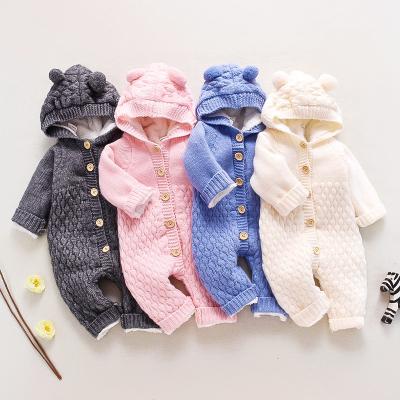 China Comfortable Breathble Cartoon Infant Knitted High Quality Cute Warm Sweatshirt Romper Baby Clothes With Hat for sale