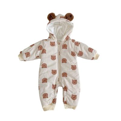 China Unisex Breathble Cartoon Velvet Bear Printing Long Hooded Comfortable Warm Cotton Overalls Baby Romper 0-24 Months for sale
