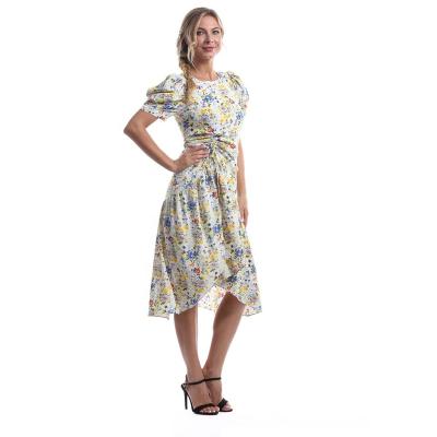 China 2021 summer new fashion woman casual dress floral print fold dress shorts washable sheath lady dress bottom irregular vestido for sale
