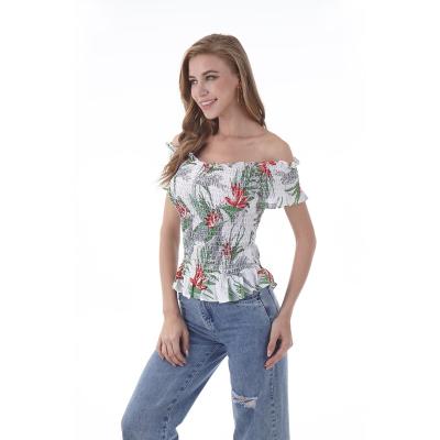 China Floral Bustier Breathable Fancy Backless Print Off The Shoulder Sexy Summer Smocked Woman Blouse Crop Top for sale