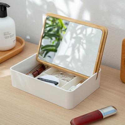 China Modern Small Desktop Mirror with Table Top Storage, Makeup Organizer Box with Bamboo Mirror Lid for Travel Office Desk Decorative Gift for sale