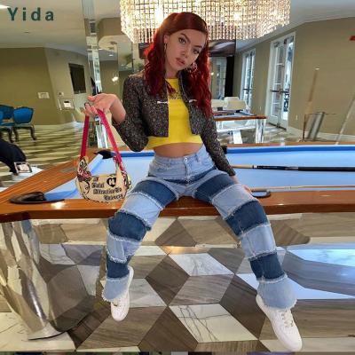 China Breathable Yard - High Quality Tassel Wide Leg Women's A008 Lattice Wide Leg Women's Casual Blue Jeans Spliced Jeans for sale