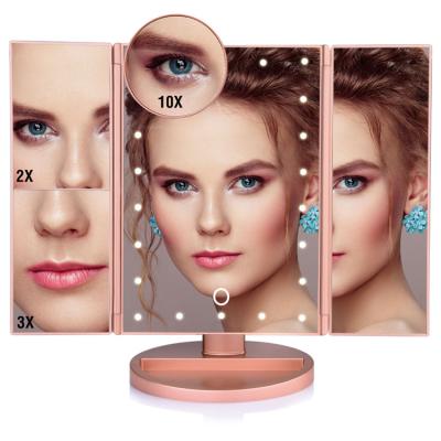 China Longwoda Competitive Price New Design Plastic Foldable Magnifying Lighted Switch 22 Touch Lights Makeup Led Mirror for sale