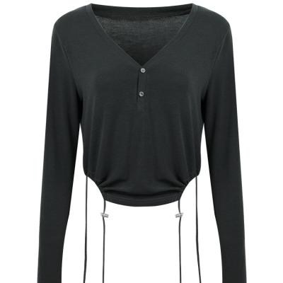 China Breathable Womens Clothing Solid Color Casual Knitted Top Lace Up Crop Top T-Shirt Mid Length for sale