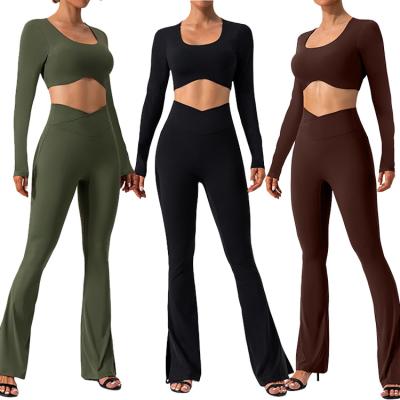 China QUICK DRY Women's Hollow Out Top Back Fitness Compression Stretchy Quick Dry Tummy Control Solid Skinny Pockets Pants Women Sports Sets for sale