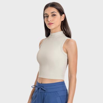 China QUICK DRY Custom Ladies Fitness Yoga Workout High Neck Rib Fabric Sleeveless Crop Tops Women Breathable Soft Sports Gym Crop Tank Tops for sale