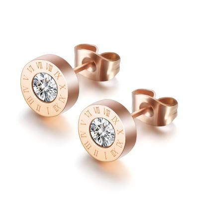 China Vintage Women Stainless Steel Stud Earrings Round Roman Cubic Zircon Ear Jewelry Classic Ear Plugs Huggie Earrings For Women Men for sale