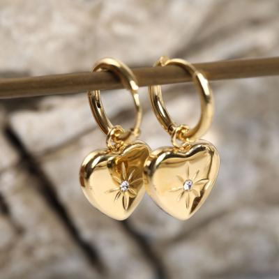 China Vintage Fashion Earrings For Women 316L Stainless Steel Gold Plated Zircon Crystal Heart Huggie Hoop Drop Earrings Girl Gift for sale
