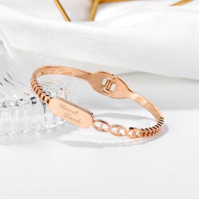 China TRENDY Rose Gold Cuff Bracelets Bangle 316L Stainless Steel Women Jewelry Personalized Gift For Her Birthday Gift Engraved Words for sale