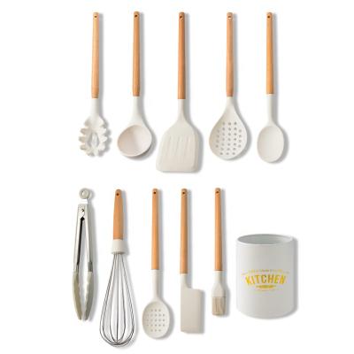 Cina BPA Free Non Kitchenaid Utensil Set white with Wood Handles Turner Tongs Spatula in vendita